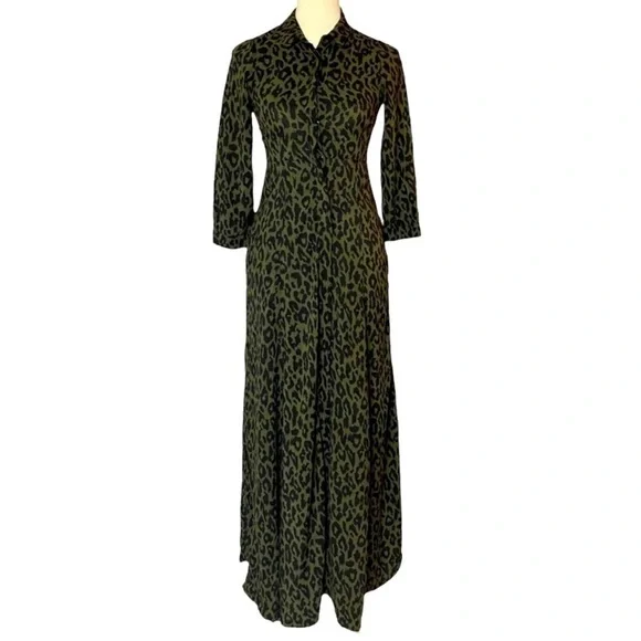 Zara | Dresses | Zara Green Leopard Print Button Down Collared Maxi Dress  34 Sleeves Size Xs | Poshmark